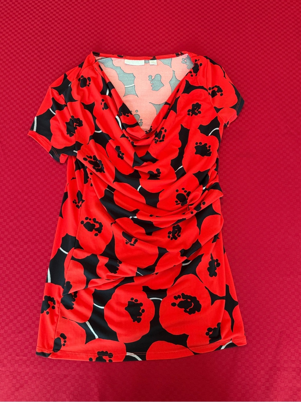 New York & Company Red and Black Floral Cowl Neck Top